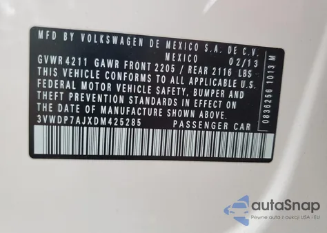 2013 Volkswagen Jetta Se z USA, uszkodzony, nr VIN 3VWDP7AJXDM425285